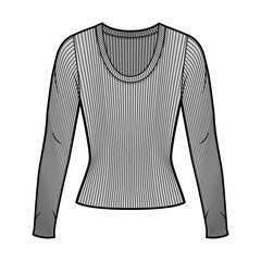 Ribbed scoop neck knit sweater technical fashion illustration with long sleeves, close-fitting shape. Flat outwear apparel template front, grey color. Women men, unisex shirt top CAD mockup