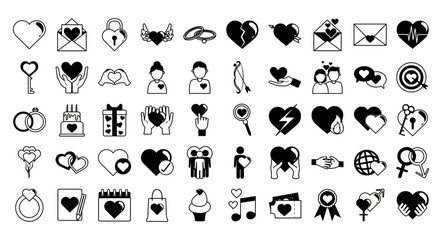love heart romantic passion feeling message linear style icons set