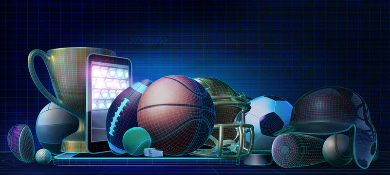 Abstract online gambling concept image suggesting the idea of betting on all major sports using apps on mobile devices. 3D rendered illustration with sports equipment against a wireframe background