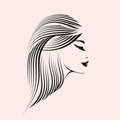 Woman with long, wavy hairstyle and elegant makeup.Hair salon and beauty studio vector illustration.Hairdresser, cosmetics and spa logo.Beautiful young lady portrait.Cute girl face.