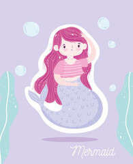 cartoon beautiful little mermaid bubbles seaweed under the sea