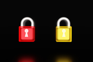 Transparent Glass and glowing Padlock with keyhole isolate on black floor with reflex ,Data Security Encryption ,cyber or information privacy idea. 3D Render.