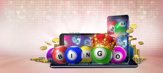 Online gambling concept image suggesting the idea of playing bingo games using apps on mobile devices. 3D rendered illustration 