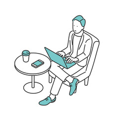 カフェスペースでモバイルワークをしている男性のイラスト素材