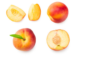 peach fruits with green leaf and slices isolated on white background. top view