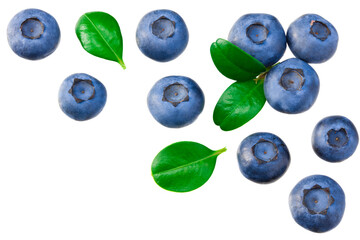 blueberries with leaves isolated on white background. top view. healthy background.