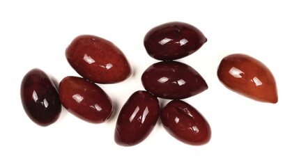 Olives pile isolated on white background, top view