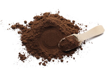 Milled coffee powder pile with wooden spoon isolated on white background 