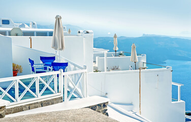 Obraz premium The view to caldera from hotel balcony in Firastephani, Santorini, Greece