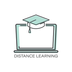 Graduation hat. Laptop. Distance education. Vector line icon. Education, academic degree. Outline 