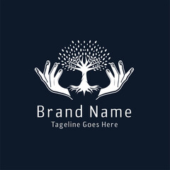 Human hands and tree with  leaves. Logo, symbol, icon, illustration, vector, template, design