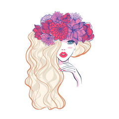 Beautiful woman with floral headdress in spring for Beauty salon logo, wedding, anniversary. Hand drawn beautiful young woman in flower wreath. Design for banner, poster, card, invitation. 