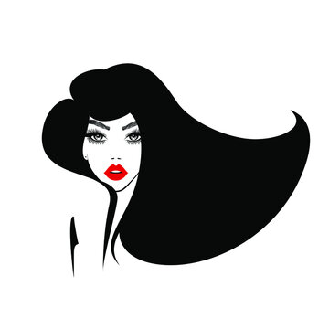recommend clip art: Beautiful sexy woman face, red lips, black hair style, fashion hairdresser, element design, spa salon. Beauty Logo. Vector illustration. Isolated on white.
