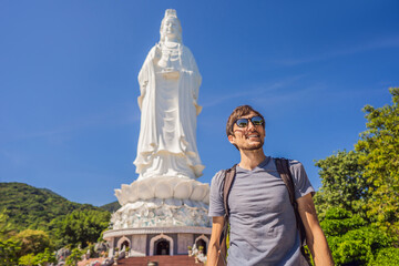 Man tourist in Chua Linh Ung Bai But Temple, Lady Buddha Temple in Da Nang, Vietnam