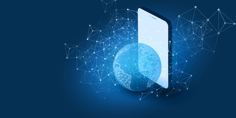 Abstract Blue Minimal Style Cloud Computing, Networks, Telecommunications Concept Design with Polygonal Mesh, Mobile Phone and Earth Globe - Vector Illustration © bagotaj