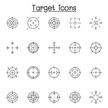 Set of Aim & target Related Vector Line Icons. Contains such Icons as crosshair, sniper scope, shooting game, radar and more