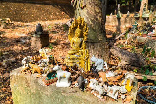 Group of beautiful buddha image statue at outdoor in the temple background. Group of buddha image sculpture with animal story in buddhism religion belief under the tree on stone shrine