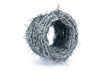 Roll of barbed wire fence isolated on white background. Barbwire fence or stacheldraht roll isolatd