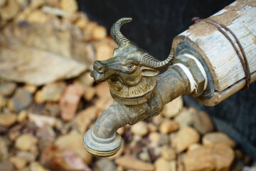 Brass faucet with buffalo head animal design background. Old bronze water tap with buffalo head and horn pattern