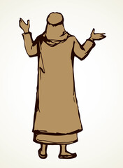 Arab with his hands up, stands with his back. Vector drawing