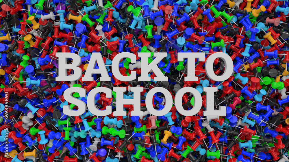Poster background made of a lot of pins. school theme 3d render. chancery objects. back to school title.