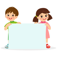 Kids holding empty blank board with space for text vector illustration. Happy boy and girl holding white horizontal board.