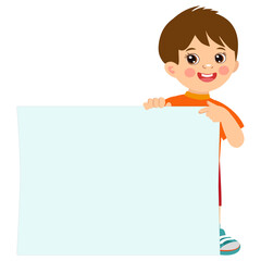 Cartoon boy holding empty blank board with space for text vector illustration. Happy kid holding white horizontal board.