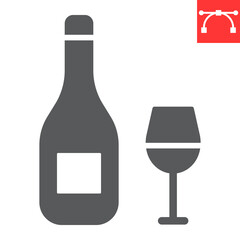 Wine glyph icon, rosh hashanah and alcohol, wine bottle with glass sign vector graphics, editable stroke solid icon, eps 10.