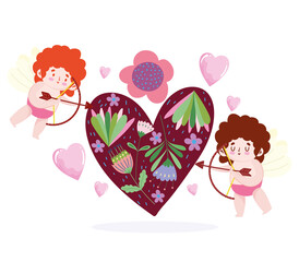 love little cupids shooting arrow heart flowers romantic cartoon