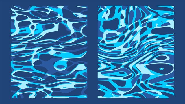 Vector set of sea surface backgrounds. Abstract cartoonish templates with water for concept design. Deep blue ocean water and foam on the top