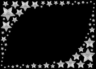 Silver stars frame on black background isolated, corner border made of shiny stars, Christmas greeting card template, holidays art backdrop, starry pattern, empty festive invitation design, copy space