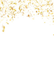 Holiday realistic gold confetti flying on black background.