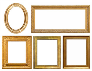 Set of golden frames for paintings, mirrors or photo isolated on white background