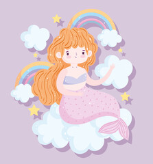 cute little blonde mermaid rainbows clouds stars cartoon
