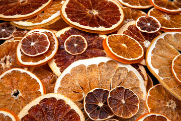 Dried slices of various citrus fruits. vitamin citrus fruits for healthy food