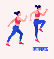Fototapeta na wymiar Lunge Jump exercise, Woman workout fitness, aerobic and exercises. Vector Illustration.