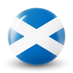 Obraz premium Glass light ball with flag of Scotland. Round sphere, template icon. Scottish national symbol. Glossy realistic ball, 3D abstract vector illustration highlighted on a white background. Big bubble.