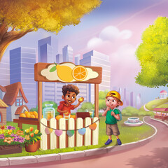 City Illustration with Kids Selling Lemonade. Fantasy Urban Backdrop. Concept Art. Realistic Illustration. Video Game Digital CG Artwork Background. Street Scenery.
