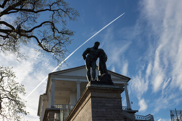 The statue of Hercules in front of the Cameron gallery in Catherine Park against a background of...