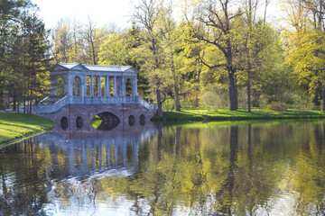 Marble (Palladium) bridge standing on the Bank and reflected in the lake of the Catherine Park.
