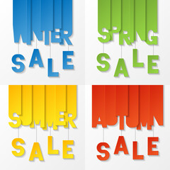Set of Sale Banners for Four Seasons: spring, summer, autumn, winter. Bright advertising background. Paper cut letters.