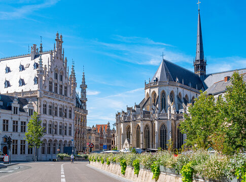 Cityscape of Leuven, Belgium. Beautiful historical buildings, with their famous facades and Saint Peter's Church.. in the old town .