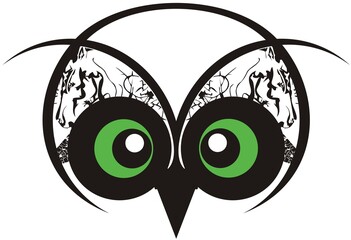 Obraz premium Owl mask with big green eyes. Abstract mystery owl head with huge green eyes on a white background for carnival mask, tattoo, prints on t-shirts, textile, posters, etc.