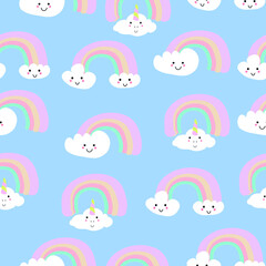 Cute Seamless Pattern with Clouds and Rainbow, cloud like Unicorn. Creative childish cute  texture. Great for wrapping, fabric, kids clothes. Vector Illustration 