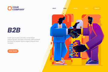 Two businessmen shaking hands, agreeing to work together and become partners in business. business to business and partnership landing page illustration