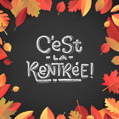 Back to School text drawing by white chalk on Green Chalkboard. Autumn leaves education vector illustration banner. Translation: Welcome Back to School