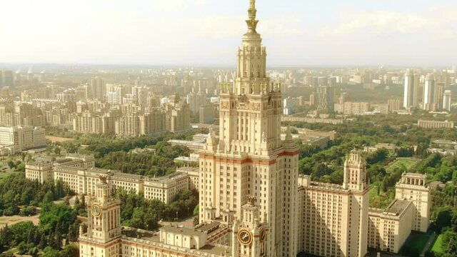 Aerial view of the famous Moscow State University building withic cityscape of Moscow, Russia
