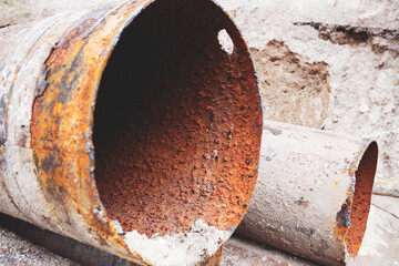 Fragments of old large water pipes. After many years of operation, corroded metal pipe destroyed. Rusty steel tube with holes metal corrosion. Selective focus.