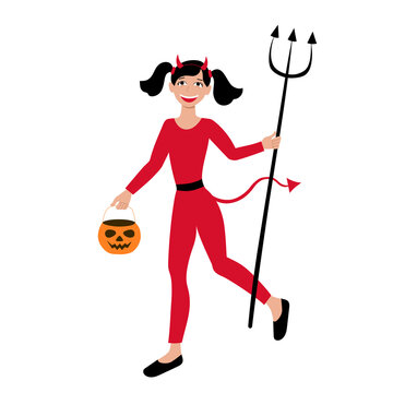 Girl dressed as devil and carrying a pumpkin candy bag for Halloween carnival party. Costume of a little imp with horns tail and trident. Stock vector flat illustration isolated on white.