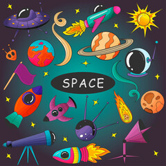 Cartoon hand-drawn doodles on the subject of space style theme pattern. Vector background